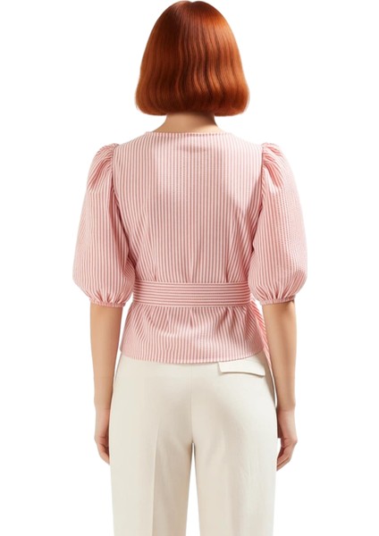 Pamuklu Gofre Bluz V Yaka Balon Kol Çizgili Yazlık Rahat Yüksek Kalite Konforlu Kesim fiyatları