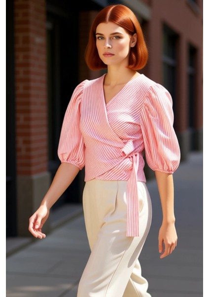 Pamuklu Gofre Bluz V Yaka Balon Kol Çizgili Yazlık Rahat Yüksek Kalite Konforlu Kesim modelleri