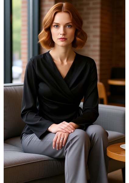 Kadınlar Için Şık Kruvaze Kesimli Uzun Kollu Saten Dokulu Bluz Kaliteli Şık Rahat Modern Zarif fırsatları