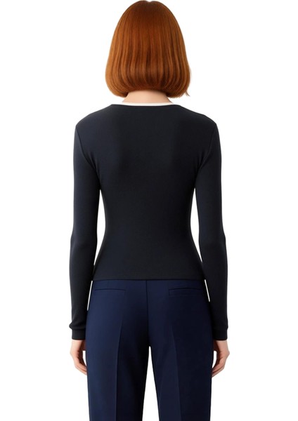 Kadın Standart Kollu Bisiklet Yaka Fitted Örme Bluz Kaliteli Şık Rahat Modern Zarif Günlük fiyatları