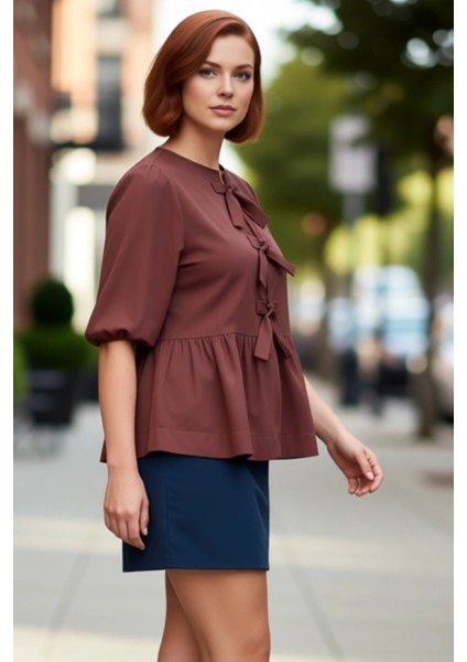 Kadın Moda Şık Büyük Beden Uzun Bisiklet Yaka Regular Kalıp Dokuma Kadın Fiyonklu Bluz fırsatları