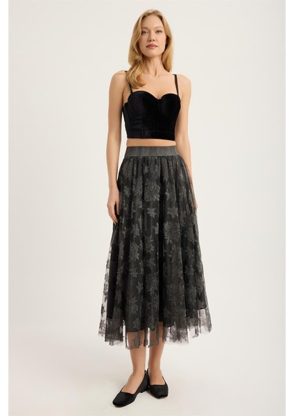 Çiçek Kabartma Tül Etek