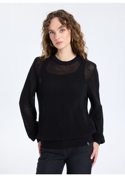 Bisiklet Yaka Relaxed Ajurlu Siyah Kazak Kadın J5WL-KZK7003