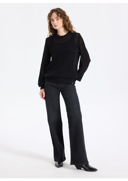 Bisiklet Yaka Relaxed Ajurlu Siyah Kazak Kadın J5WL-KZK7003 fiyatları