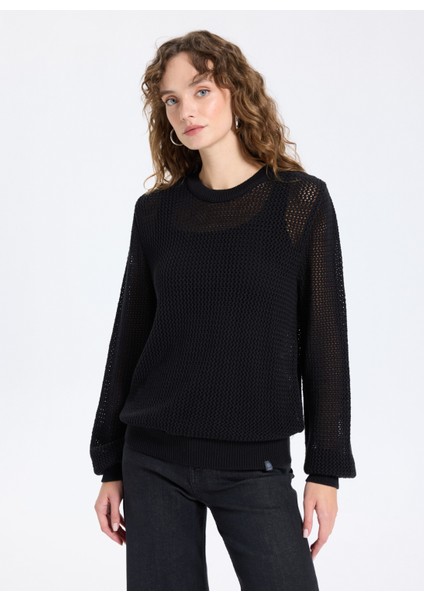 Bisiklet Yaka Relaxed Ajurlu Siyah Kazak Kadın J5WL-KZK7003 modelleri