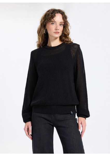 Bisiklet Yaka Relaxed Ajurlu Siyah Kazak Kadın J5WL-KZK7003 fırsatları