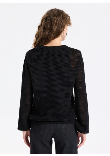 Bisiklet Yaka Relaxed Ajurlu Siyah Kazak Kadın J5WL-KZK7003