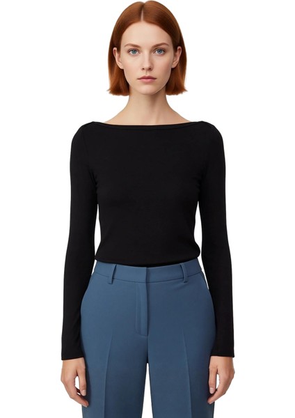 Kadın Esnek Örme Kayık Yaka Uzun Kollu Slim Fit Bluz Kaliteli Şık Rahat Modern Zarif Günlük