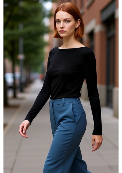 Kadın Esnek Örme Kayık Yaka Uzun Kollu Slim Fit Bluz Kaliteli Şık Rahat Modern Zarif Günlük modelleri