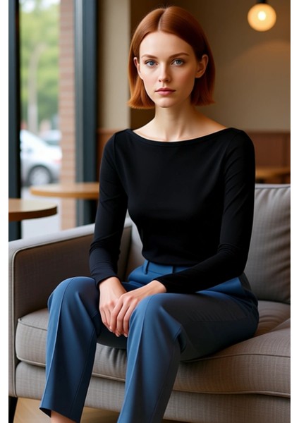 Kadın Esnek Örme Kayık Yaka Uzun Kollu Slim Fit Bluz Kaliteli Şık Rahat Modern Zarif Günlük fırsatları