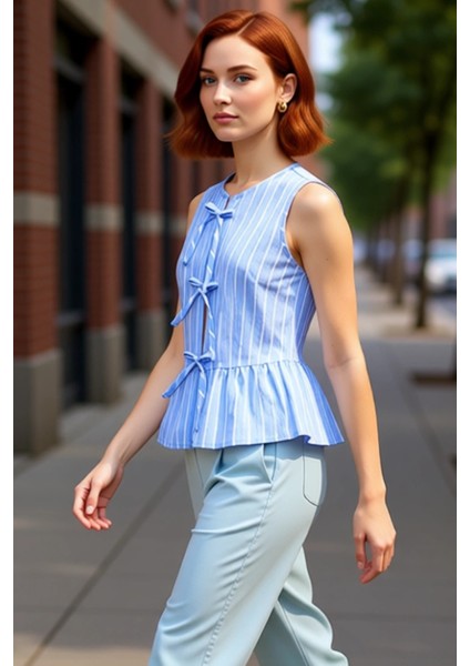 Kadın Dokuma Bluz Kolsuz Çizgili ve Bağcıklı Ön Tasarım Kaliteli Şık Rahat Modern Zarif Günlük modelleri
