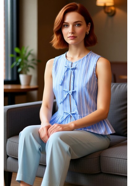 Kadın Dokuma Bluz Kolsuz Çizgili ve Bağcıklı Ön Tasarım Kaliteli Şık Rahat Modern Zarif Günlük fırsatları