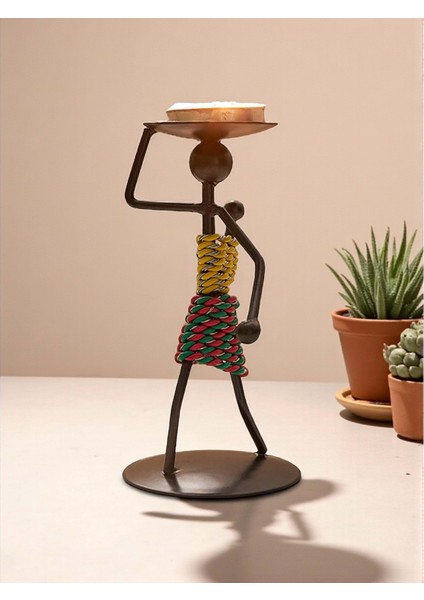 Retro Afrika Temalı Demir Mumluk / Şamdan Tutucu - Masaüstü Dekor (Yükseklik 13 Cm)