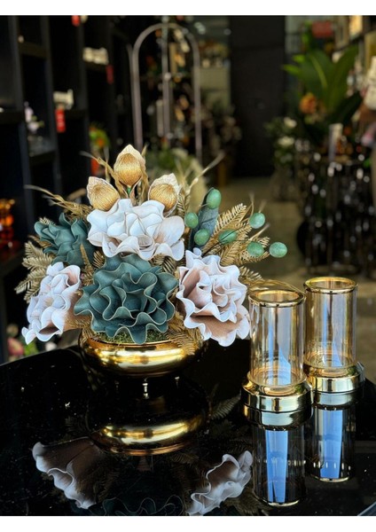 Yapay Çiçekli Gold Yassı Vazo 3 Parça Set No:11