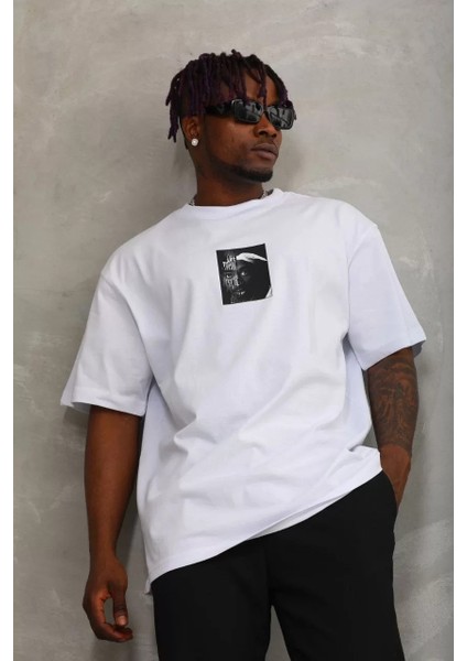 Unisex Oversize Baskılı Bisiklet Yaka T-Shirt - Beyaz