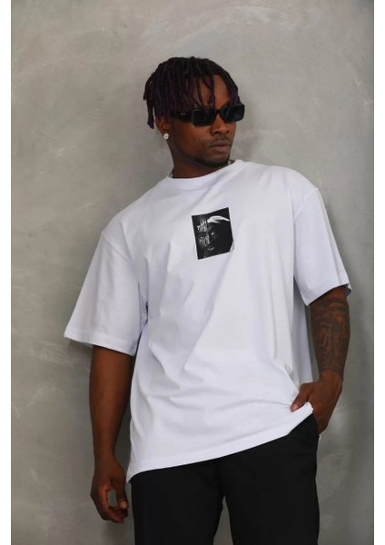 Unisex Oversize Baskılı Bisiklet Yaka T-Shirt - Beyaz modelleri