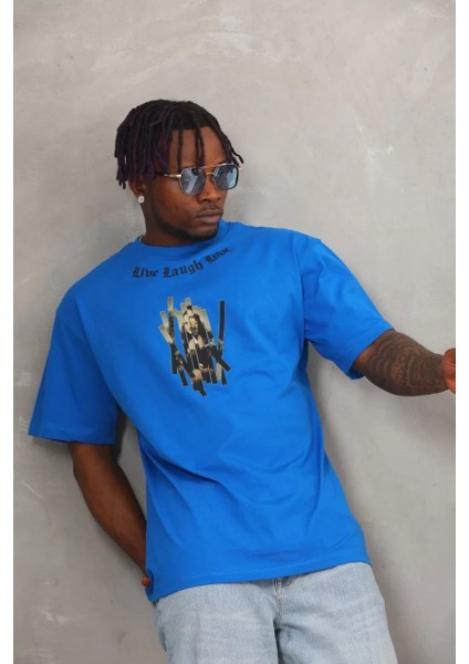 Unisex Oversize Baskılı Bisiklet Yaka T-Shirt - Mavi modelleri