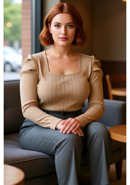 Kadın Kare Yaka Kemer Detaylı Ince Örgü Bluz Kaliteli Şık Rahat Modern Zarif Günlük