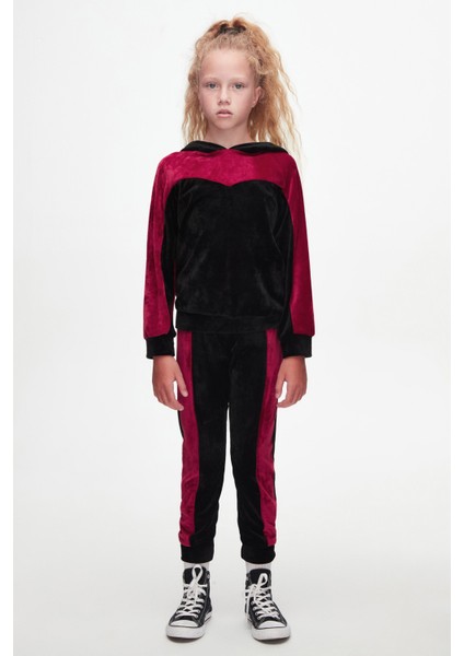 Siyah Kırmızı Kız Çocuk Robalı Kadife Takım