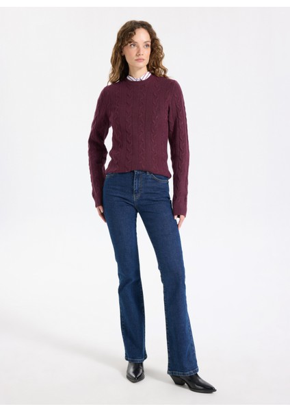 Bisiklet Yaka Basic Saç Örgü Desenli Mürdüm Kazak Kadın J5WL-KZK7128 fiyatları