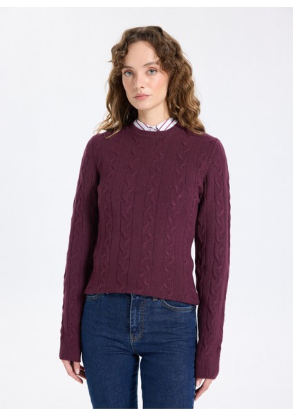 Bisiklet Yaka Basic Saç Örgü Desenli Mürdüm Kazak Kadın J5WL-KZK7128 modelleri