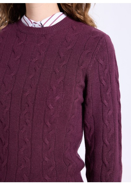 Bisiklet Yaka Basic Saç Örgü Desenli Mürdüm Kazak Kadın J5WL-KZK7128 fırsatları