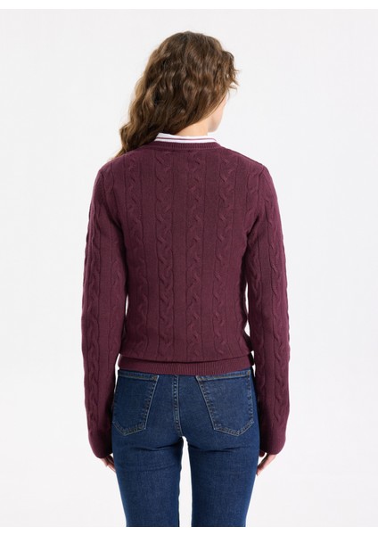 Bisiklet Yaka Basic Saç Örgü Desenli Mürdüm Kazak Kadın J5WL-KZK7128 indirimleri