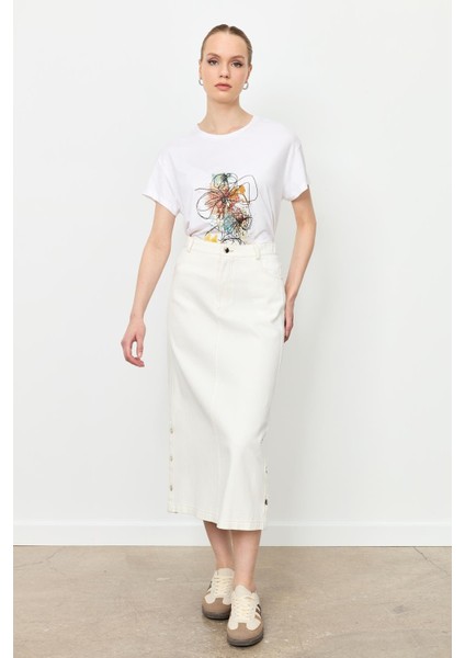 Yanları Çıtçıtlı Kot Etek-Kemık