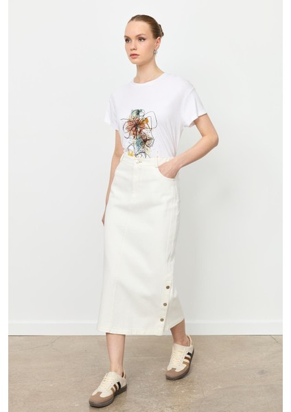 Yanları Çıtçıtlı Kot Etek-Kemık fiyatları