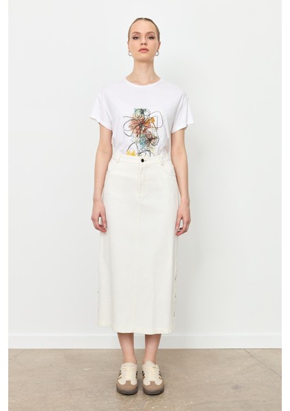 Yanları Çıtçıtlı Kot Etek-Kemık fırsatları