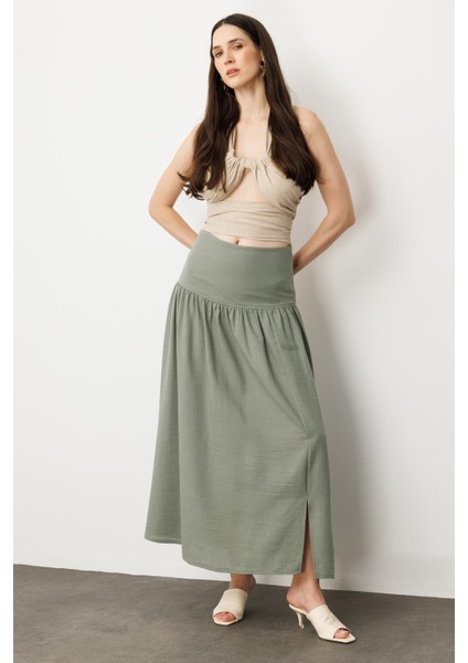 Korsajlı Büzgülü Uzun Etek-Haki