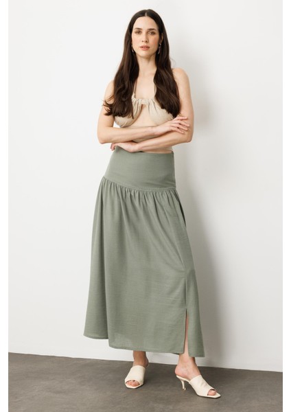 Korsajlı Büzgülü Uzun Etek-Haki fiyatları