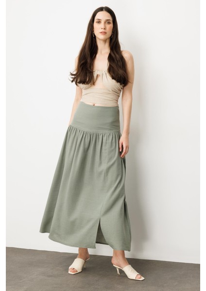 Korsajlı Büzgülü Uzun Etek-Haki modelleri