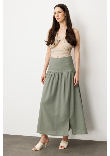 Korsajlı Büzgülü Uzun Etek-Haki fırsatları