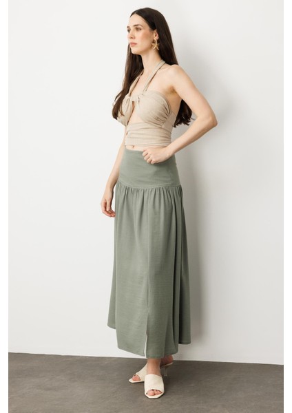 Korsajlı Büzgülü Uzun Etek-Haki indirimleri