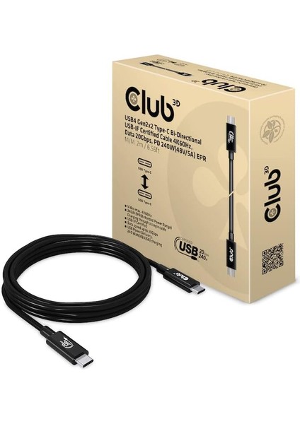 3D Usb4 GEN2X2 Tip C Bi-Yönlü Usb-If Sertifikalı Kablo 4K60Hz, Veri 20GBPS, Pd 240W Epr St./st. 2m