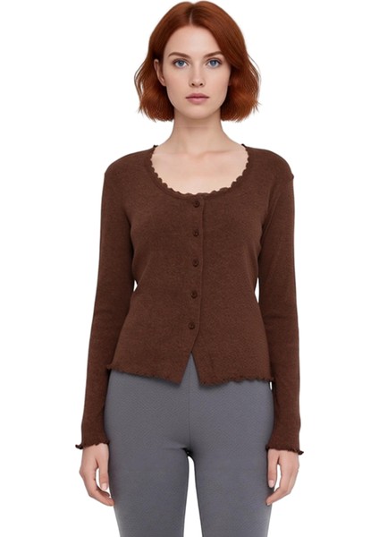 Kadın Düğmeli Vücuda Oturan Esnek Örme Uzun Kollu Üst Kaliteli Şık Rahat Modern Zarif Günlük