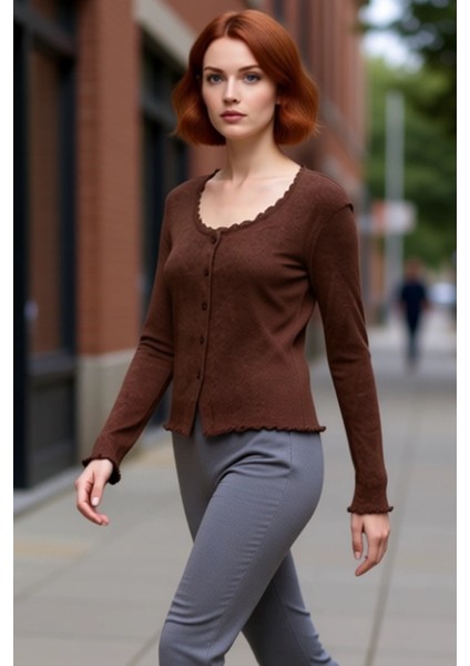 Kadın Düğmeli Vücuda Oturan Esnek Örme Uzun Kollu Üst Kaliteli Şık Rahat Modern Zarif Günlük modelleri
