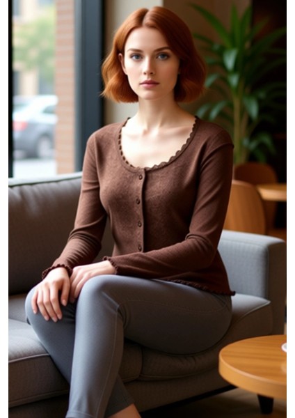 Kadın Düğmeli Vücuda Oturan Esnek Örme Uzun Kollu Üst Kaliteli Şık Rahat Modern Zarif Günlük fırsatları