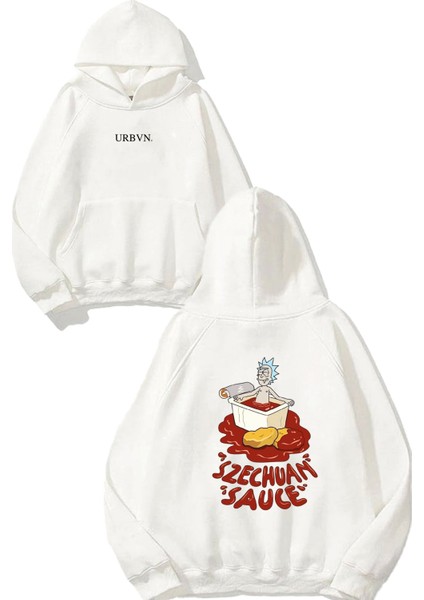 Sauce Tasarım Baskılı Oversize Beyaz Kapüşonlu Sweatshirt