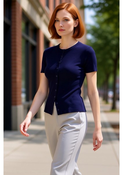 Kadın Bisiklet Yaka Düğmeli Ince Triko Kaliteli Şık Rahat Modern Zarif Günlük