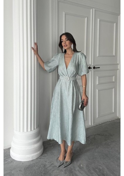 Mint Işıltılı Kemerli Kruvaze Elbise