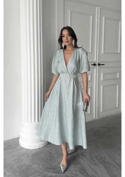 Mint Işıltılı Kemerli Kruvaze Elbise fiyatları