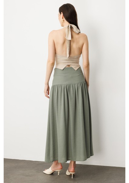 Korsajlı Büzgülü Uzun Etek-Haki