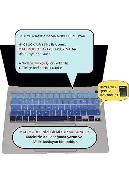 Macbook Air M1 13INÇ Klavye Koruyucu Türkçe Q Ombre A2179 A2337 ile Uyumlu Lacivert Mavi fiyatları