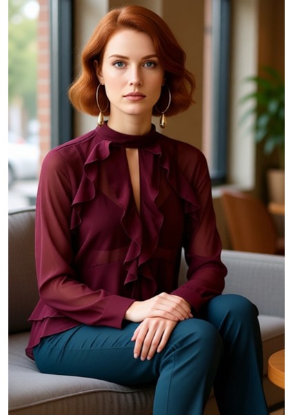 Kadınlar Için Şık Fırfırlı Dik Yaka Uzun Kollu Dokuma Bluz Kaliteli Şık Rahat Modern Zarif