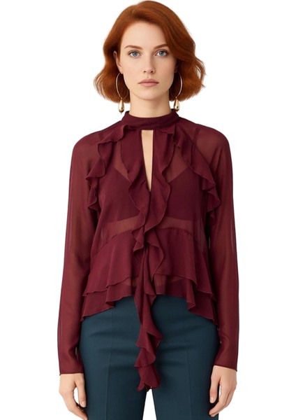 Kadınlar Için Şık Fırfırlı Dik Yaka Uzun Kollu Dokuma Bluz Kaliteli Şık Rahat Modern Zarif fiyatları