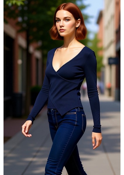 Kadın Moda Şık Regular Kruvaze Yaka Slim Kalıp Örme Fitted Vücuda Oturan Yaka Kol Fitilli Esnek Bluz fırsatları