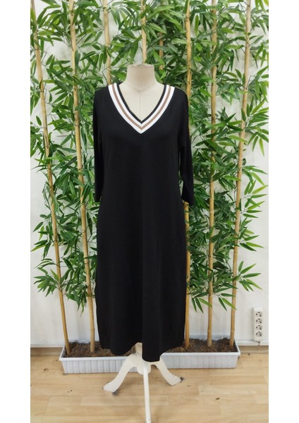 Kadın Uzun Kollu V Şerit Yakalı Viskon Iki Iplik Elbise