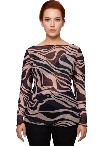 Kadın Büyük Beden Kayık Yaka Tül Örme Bluz Hayvan Desenli Uzun Kol Kaliteli Şık Rahat Modern fiyatları